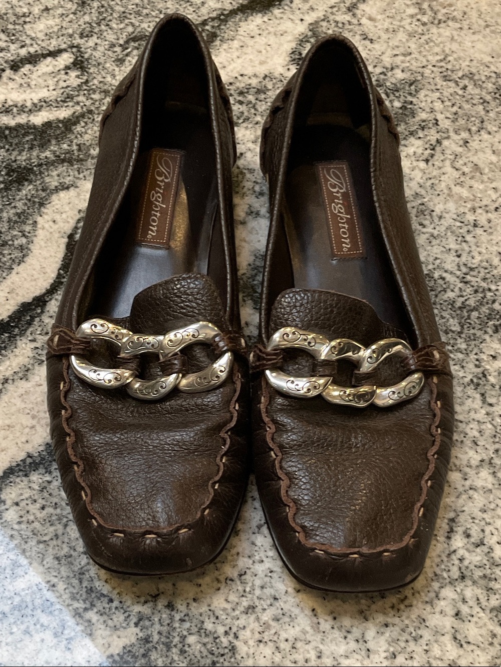 Brighton Dark Brown Leather Loafers with Silver Chain Accent